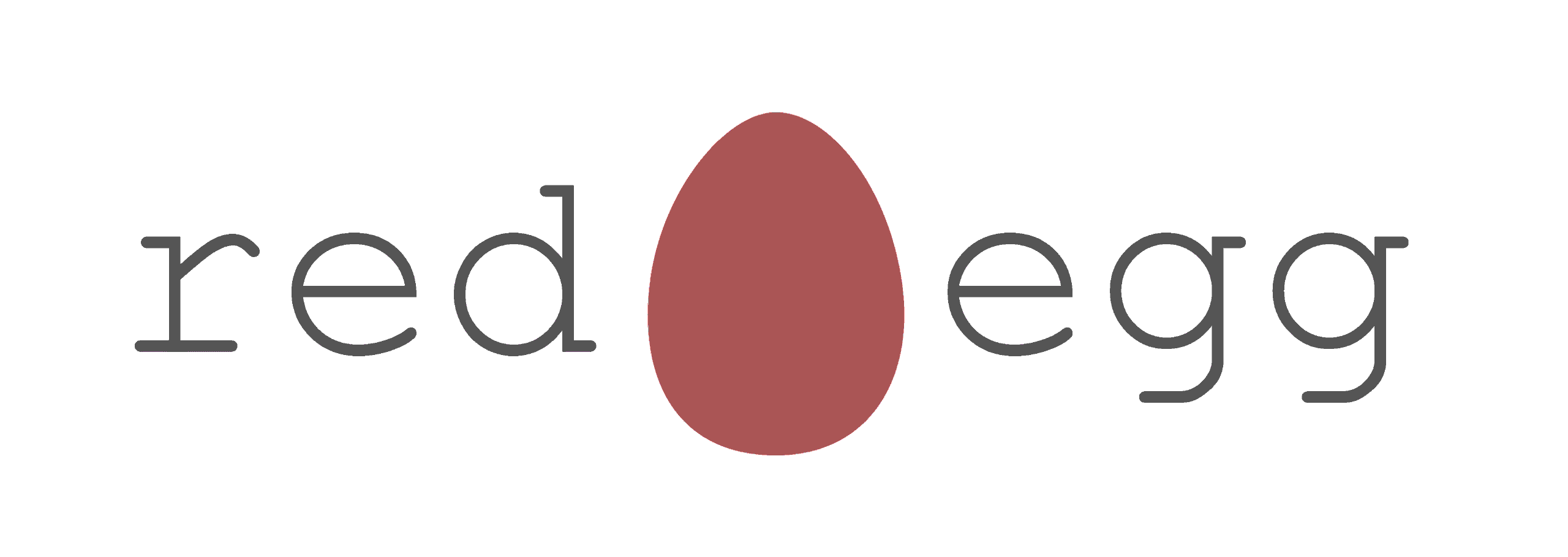 Logo with the words "red egg" in black lowercase letters. The "o" in "egg" is replaced by a solid red egg shape.